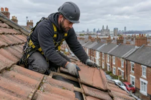 Roofer using proper ladder and safety equipment for a roof tile repair